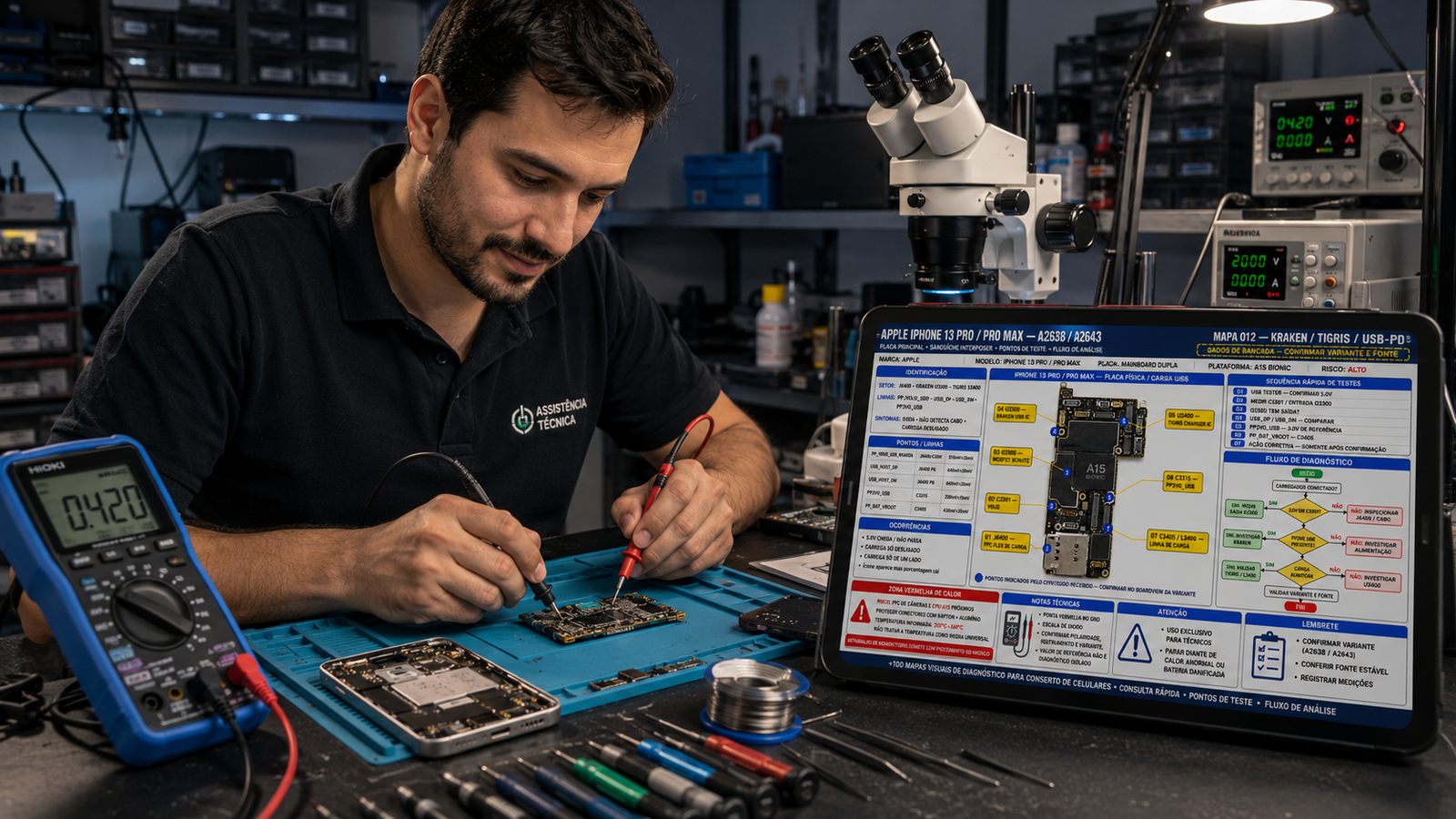 Técnico trabalhando na bancada de celular